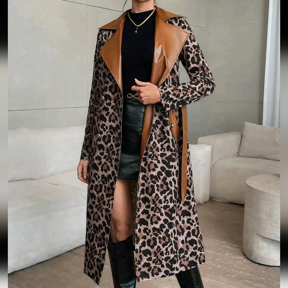 Women's Autumn Colorblock Stand Collar Leopard Print Long Sleeve Long Casual Jac
